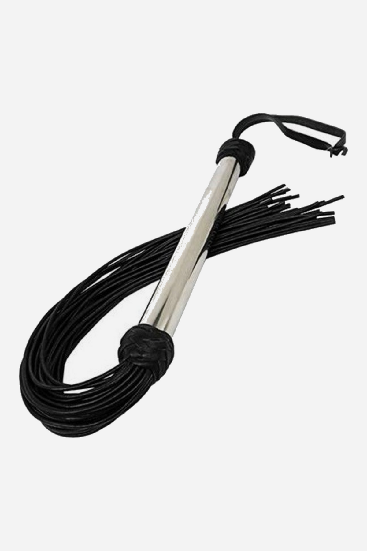 Flogger with a polished chrome handle, black braided knots at each end, a black wrist loop and a bundle of long thin black string falls, on a light grey background.