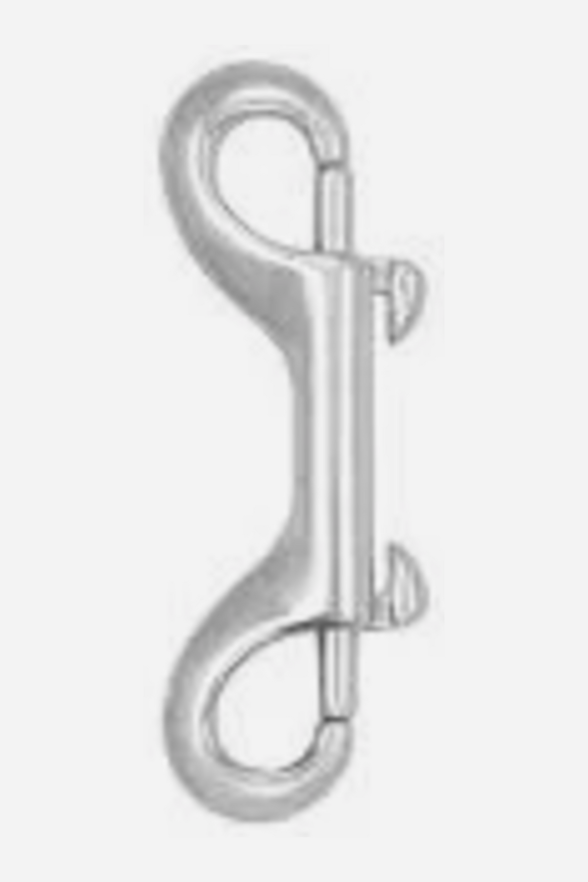 Silver metal double ended bolt snap hook with a spring-loaded gate clip at each end, joined by a straight central bar, shown standing upright