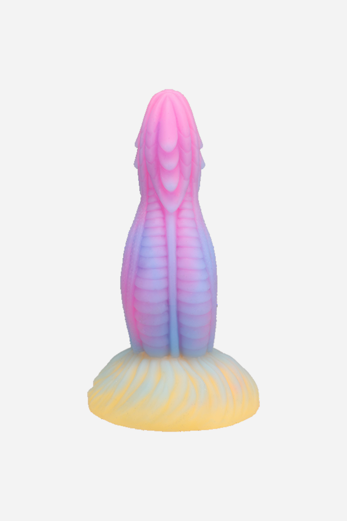 Front view of the Dragon's Tongue dildo, showing the deep central groove and ribbed texture running the length of the glow in the dark shaft.
