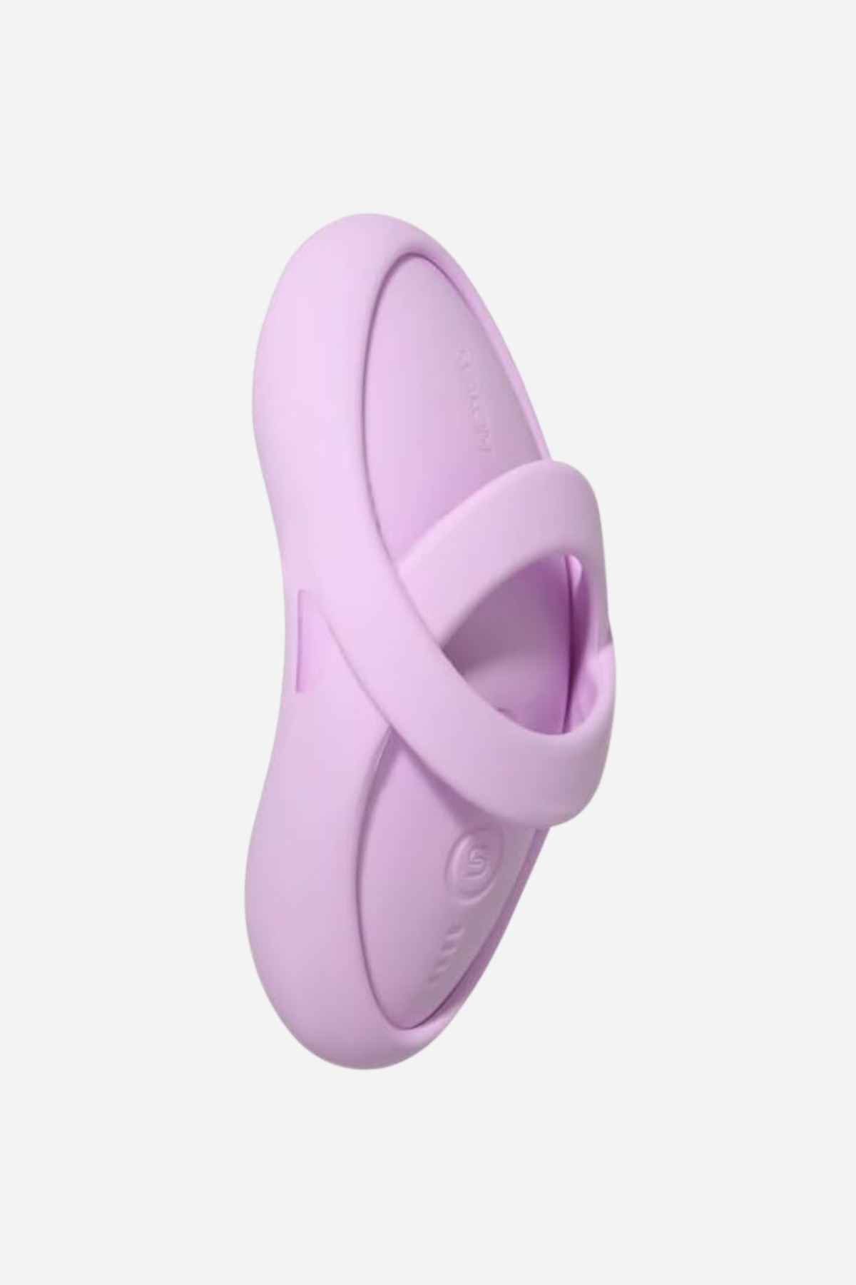 The Echo 2 palm vibe in lilac, an oval silicone pad crossed by a soft finger strap, shown at an angle on a plain grey backdrop.