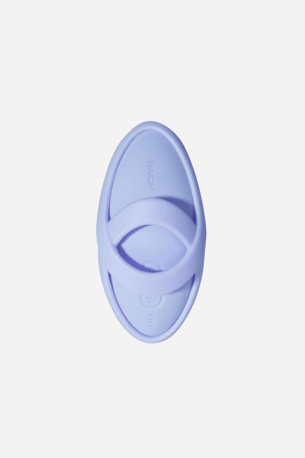 The Echo 2 palm vibe in periwinkle blue seen face on, showing the smooth oval pad and the slim finger strap across its centre.