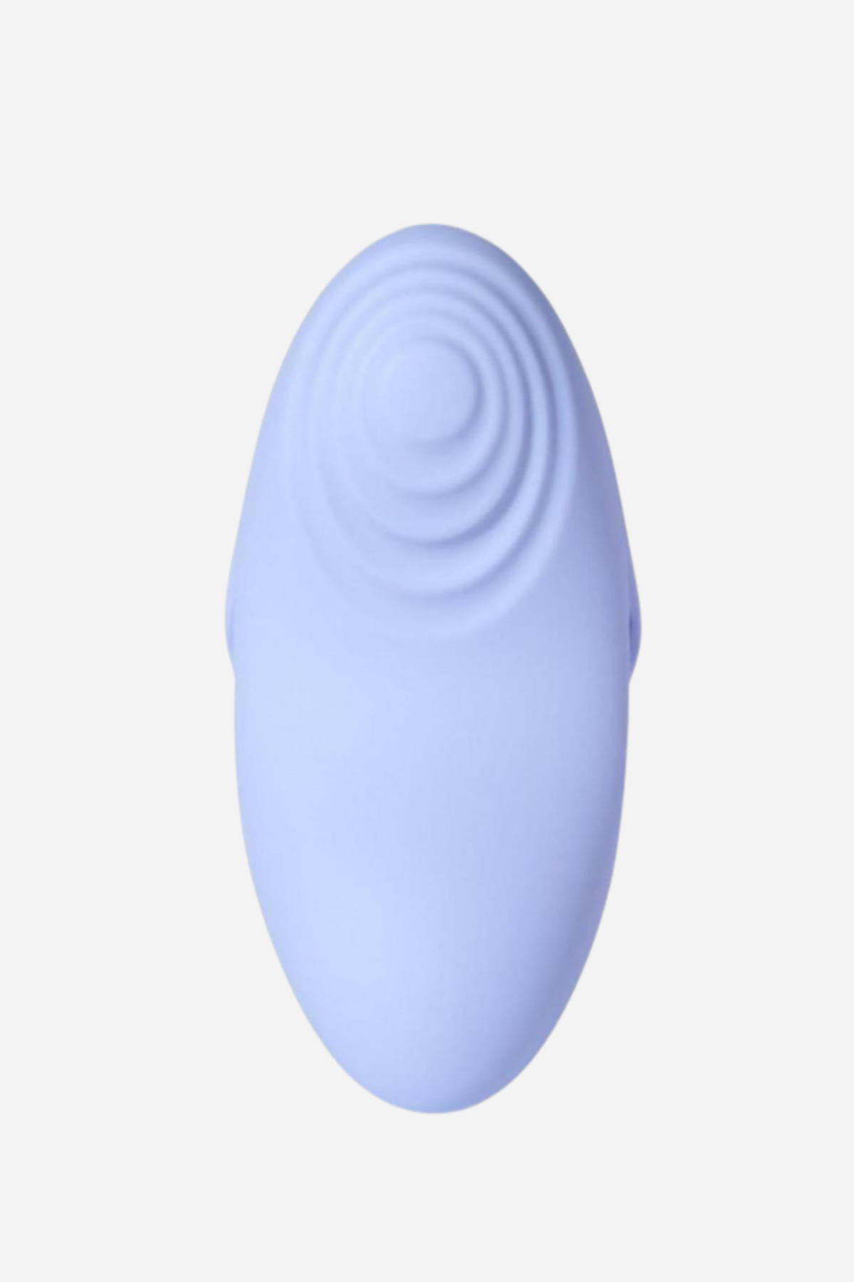 The back of the periwinkle blue Echo 2 palm vibe, showing the concentric ridges moulded into the broad oval face of the silicone pad.