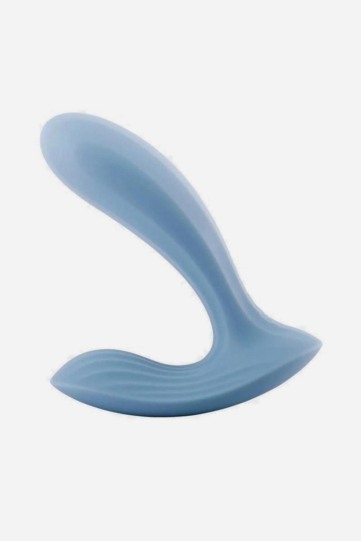 Dusty blue Erica wearable plug vibe on a plain grey backdrop, its flexible arm and smooth tapered plug shown from a three-quarter angle.