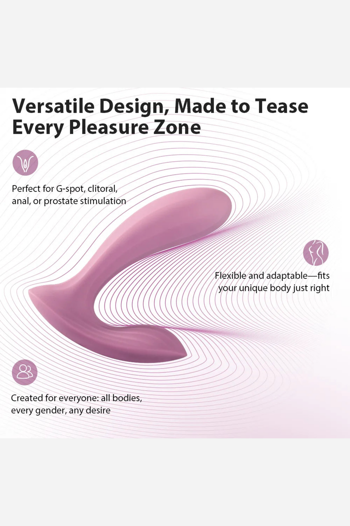 Feature panel headed Versatile Design, Made to Tease Every Pleasure Zone, showing the pink Erica vibe curving across a soft ripple graphic.