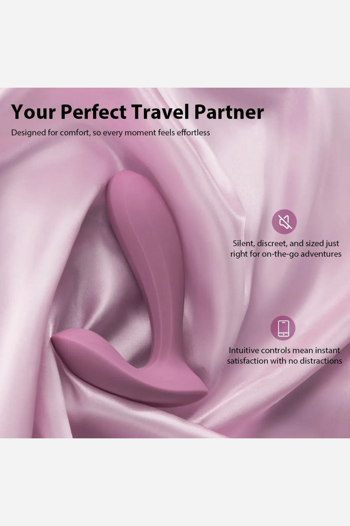 Feature panel headed Your Perfect Travel Partner, the pink Erica vibe resting on folds of rose silk with notes on its quiet discreet use.