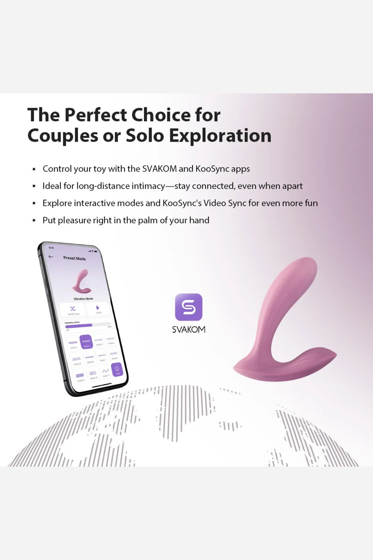 Feature panel headed The Perfect Choice for Couples or Solo Exploration, listing app features beside a phone screen and the pink Erica vibe.