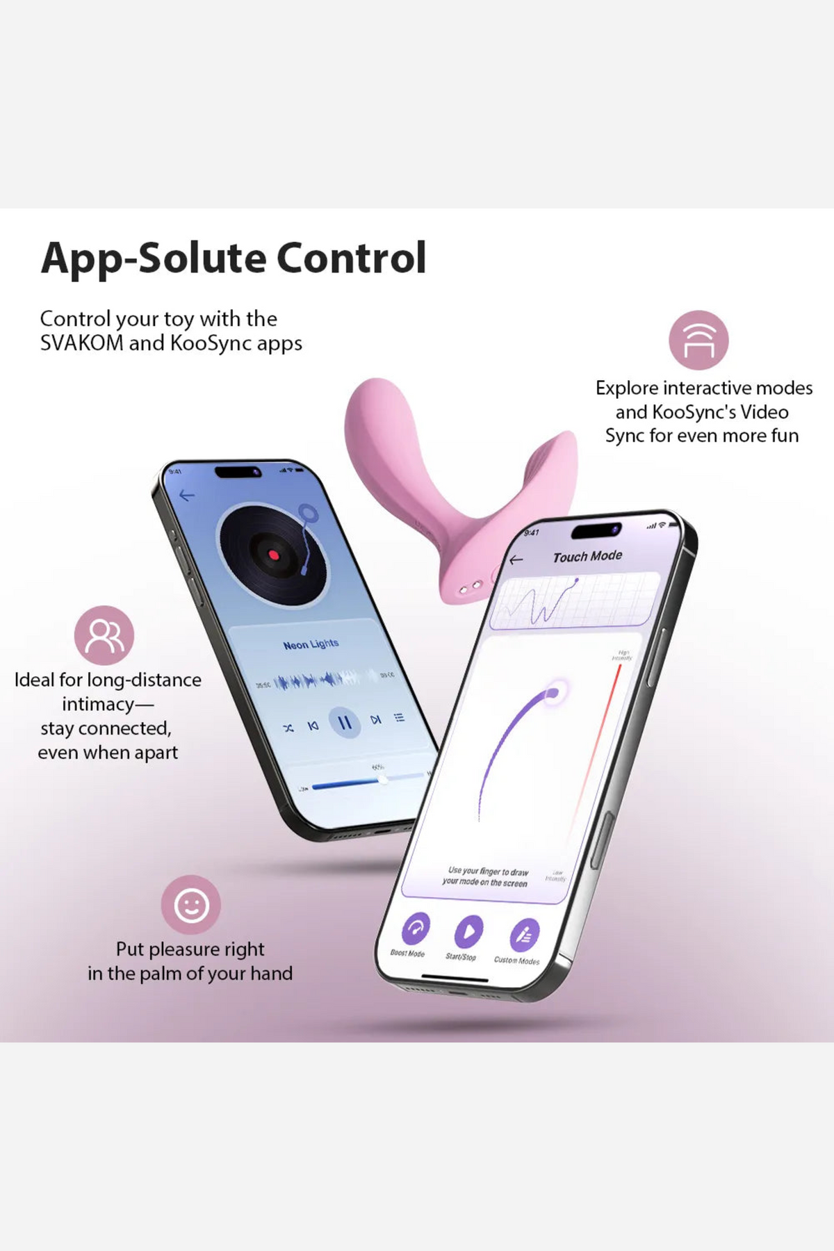 Feature panel headed App-Solute Control, two phone screens showing the Svakom app's controls alongside the dusty pink Erica vibe.