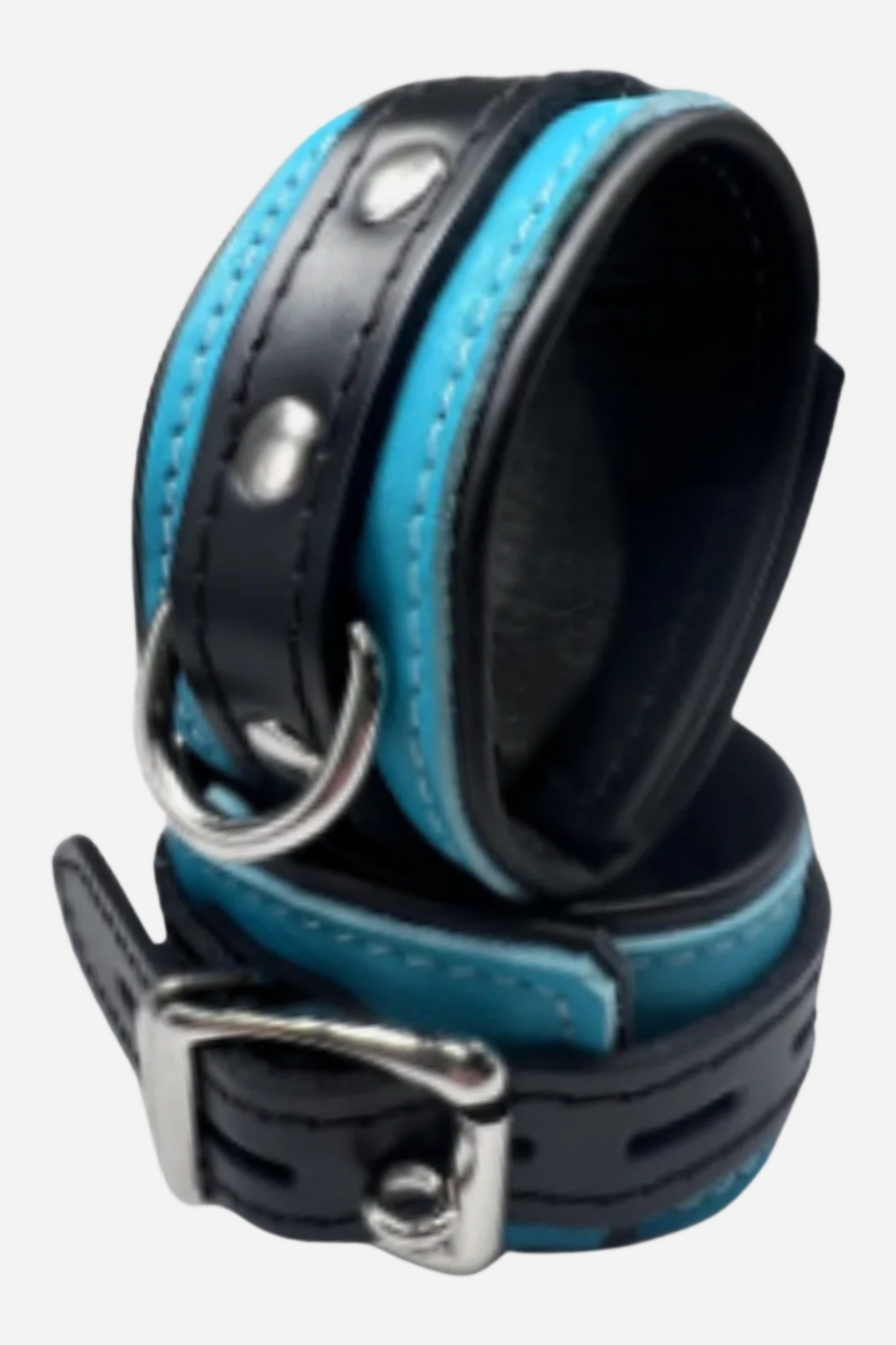 Pair of black leather locking cuffs with bright teal leather inlays and stitching, stacked together and showing a silver D-ring, rivets and a roller buckle.