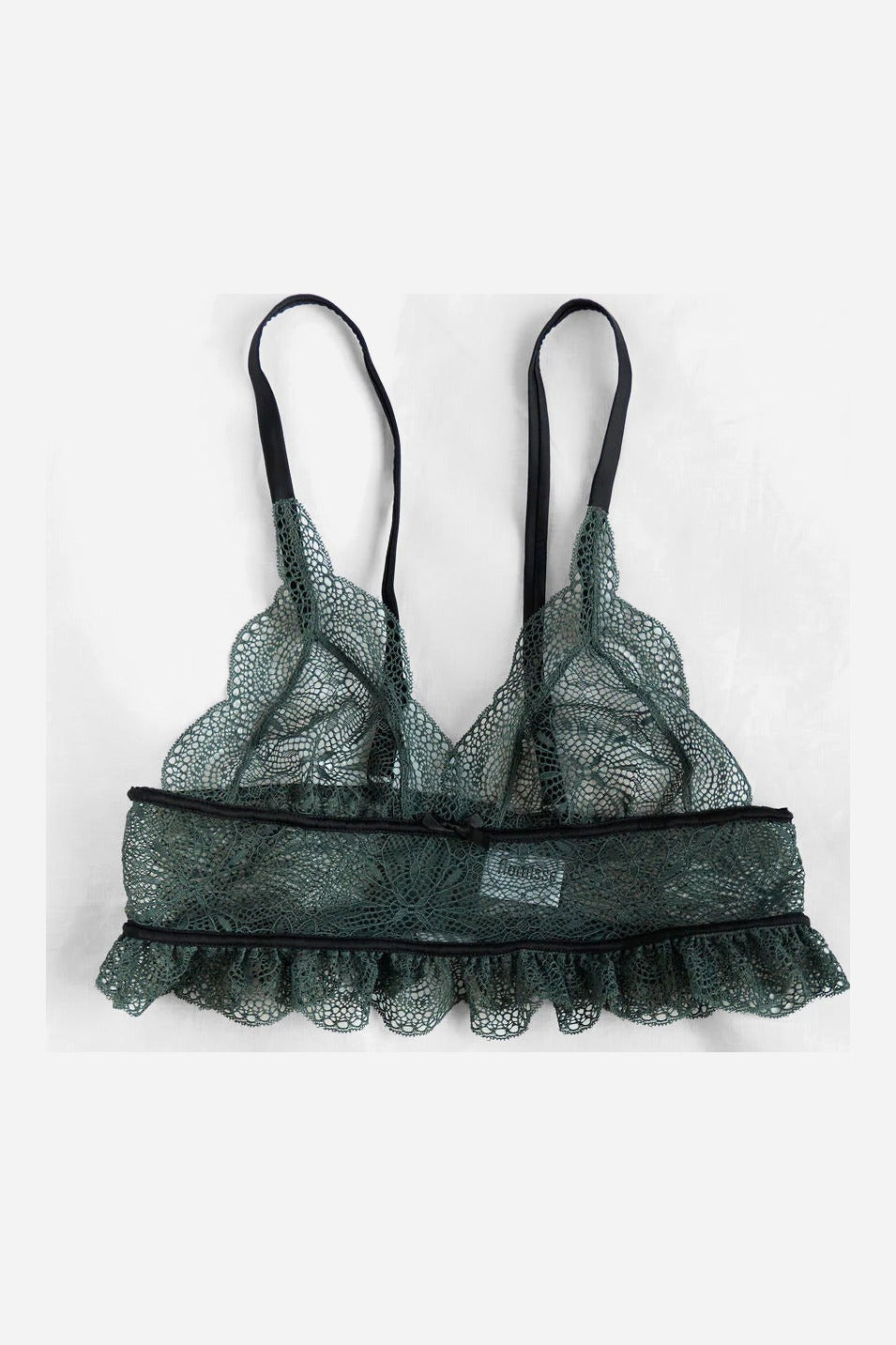 Front flat view of the Floruisse Ru wireless lace bralette in slate sage with black satin straps, band and scalloped lace hem