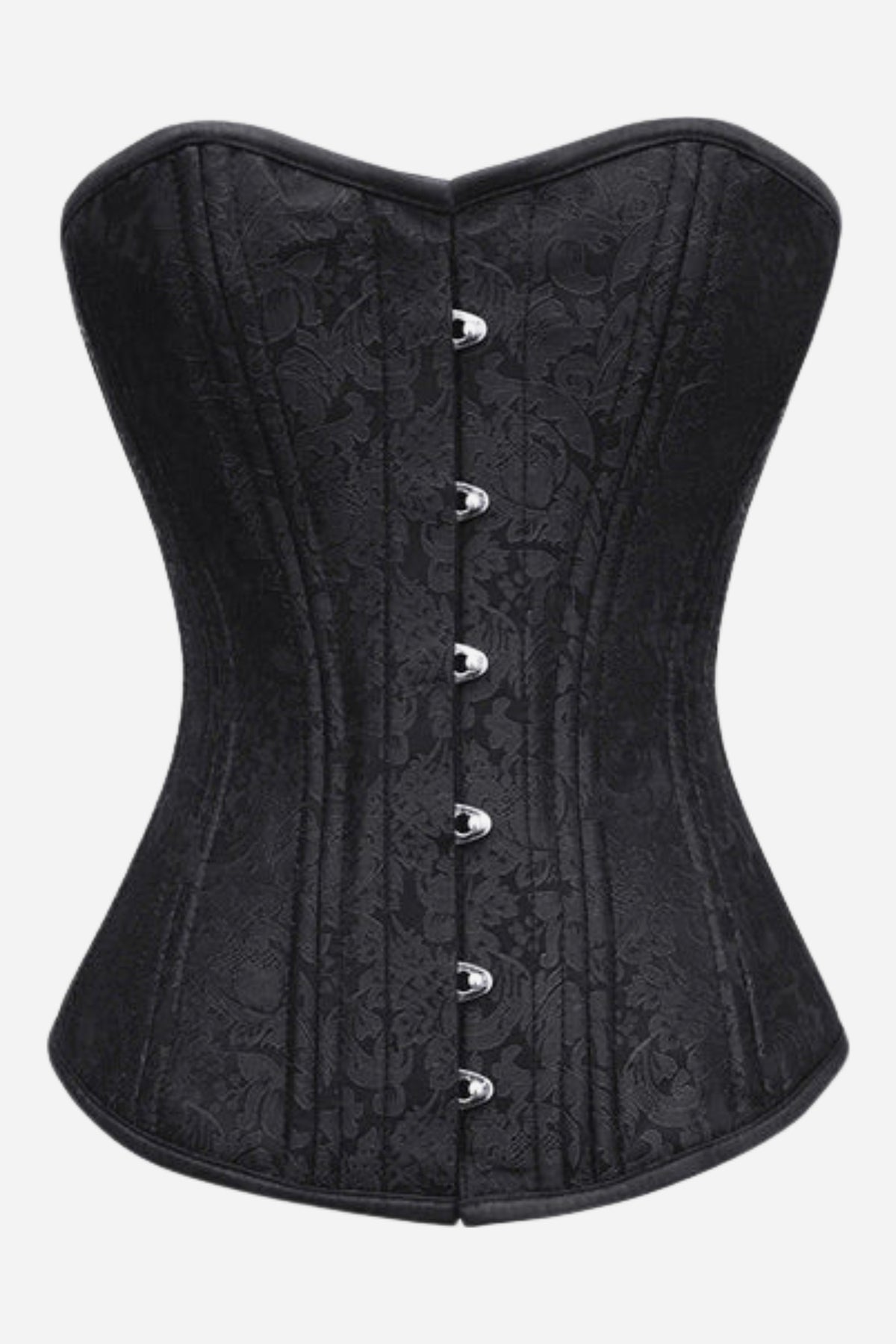 Front of the Flourish overbust corset in black-on-black floral brocade with a sweetheart neckline, satin trim and a silver front busk