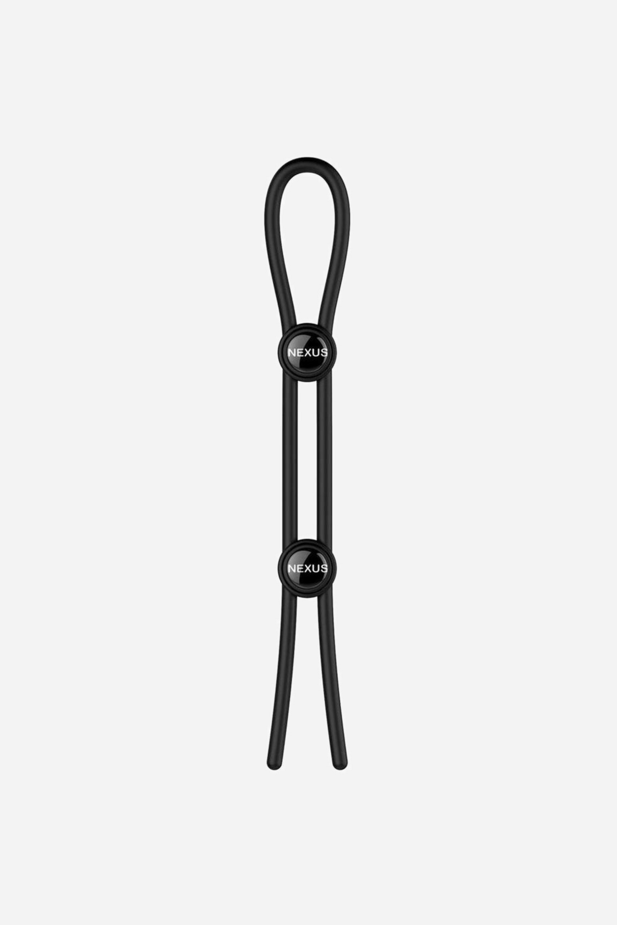 Black silicone lasso cock ring with two adjustable sliders marked Nexus, shown looped with long tapered ends