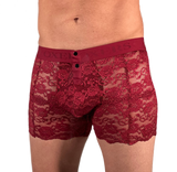 white male model with bulge is wearing black cherry red lace boxers with two front snaps and a thick matching red waistband