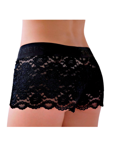white female model in size small faces away from camera to show off the see through women's lace boxers in black