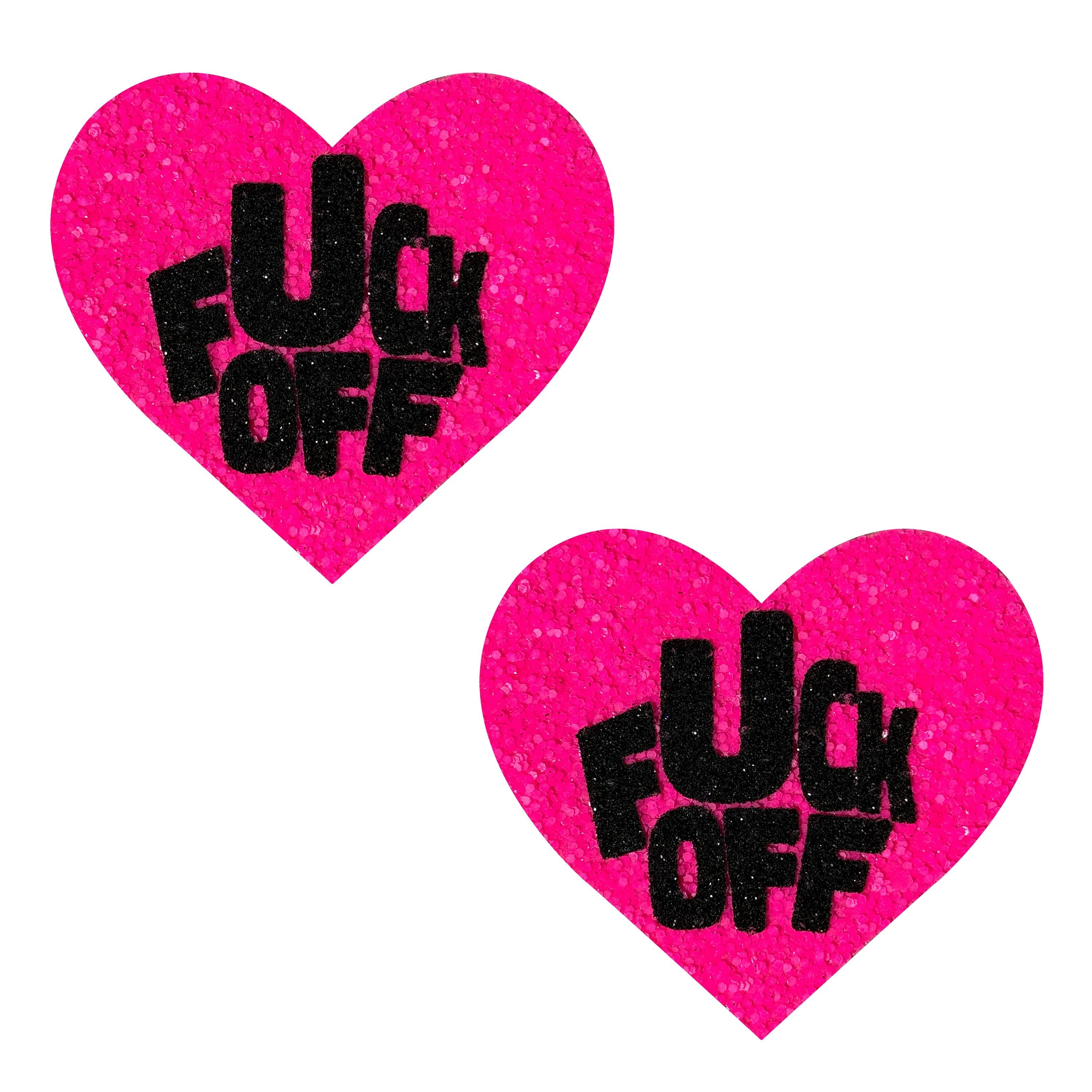 Fuck Off Blacklight Glitter Heart Nipple Pasties in Neon Pink