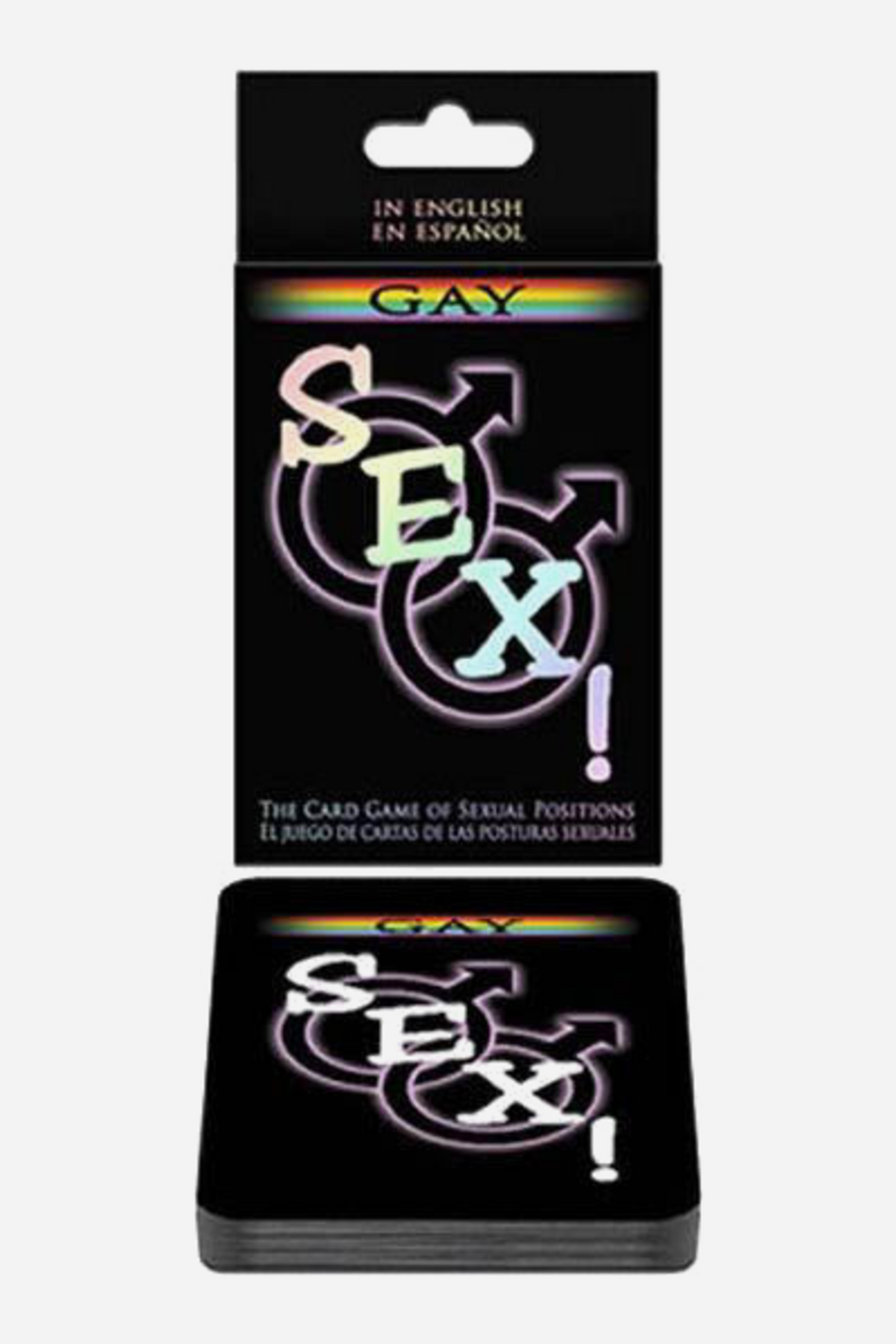 Black Gay Sex! card game box, labelled in English and Spanish as the card game of sexual positions, shown above the matching deck of cards