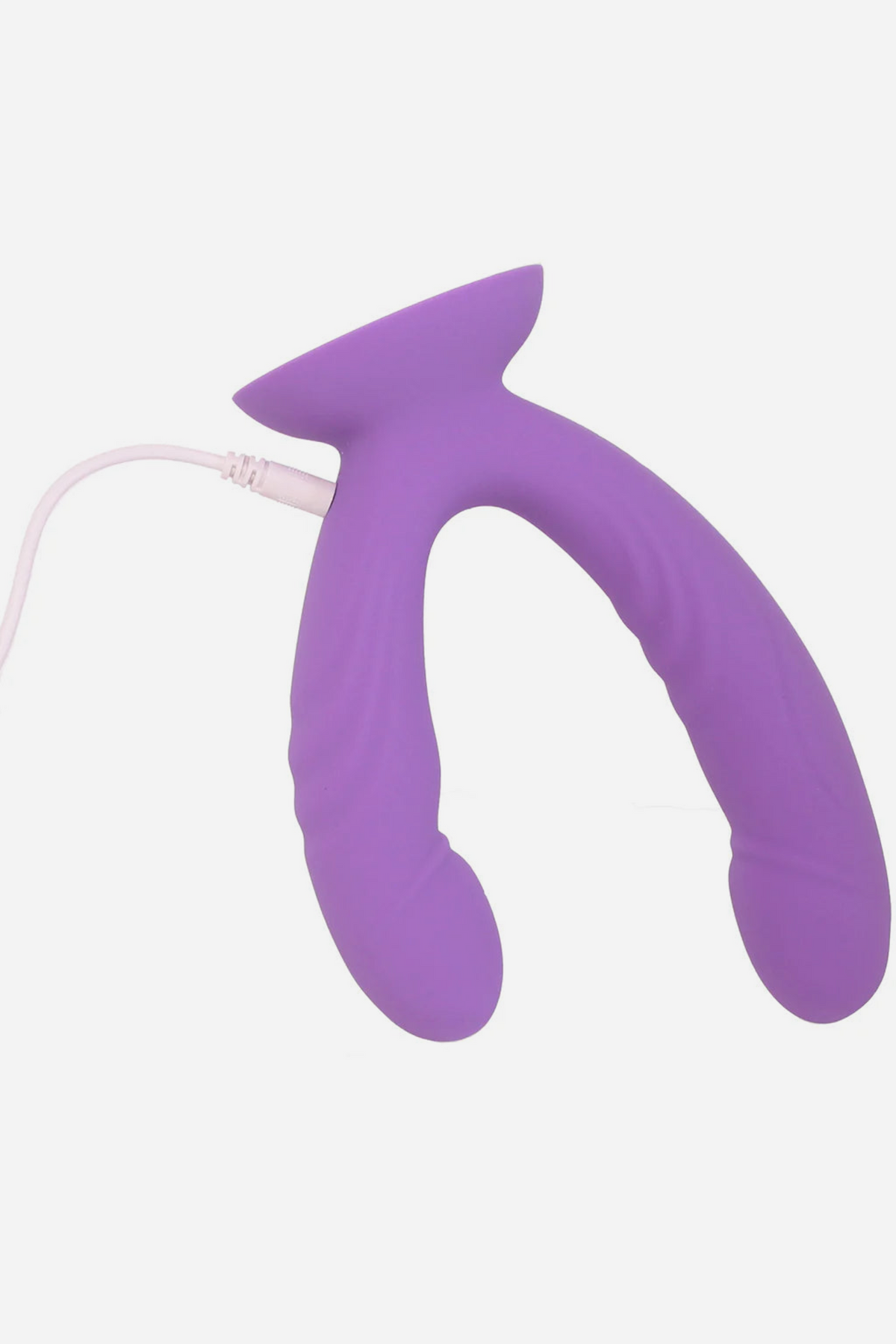 Purple Get In Ya Vibrating Grinding Dual Dildo connected to its USB charging cable, showing the curved shafts and grinding base
