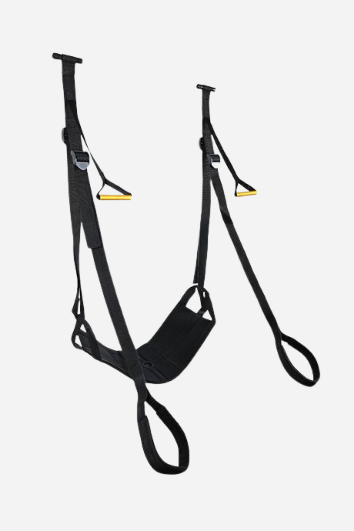 Gold Standard door jam sex sling swing in black, front view of the padded seat, adjustable straps and gold-trimmed hand grips on grey