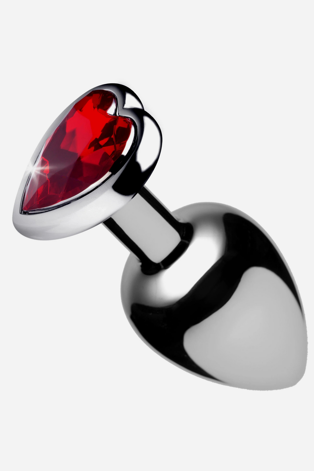 Close angled view of the Heart Sparks Butt Plug with a red gem, showing the smooth chrome bulb, slim neck and sparkling heart-shaped base