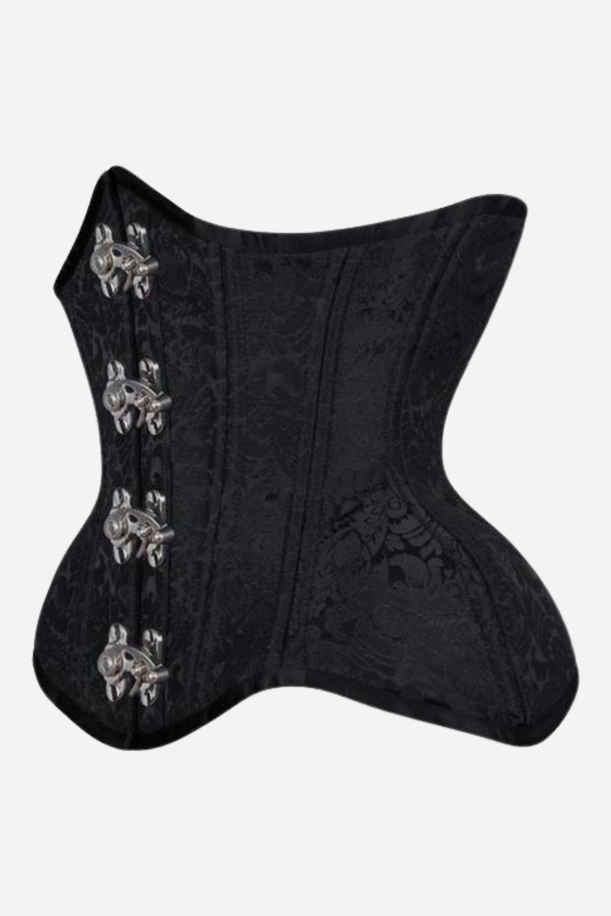 Side view of the Hide and Seek curvy underbust corset in black brocade with dramatic flared hips and four silver steampunk clasps on the front