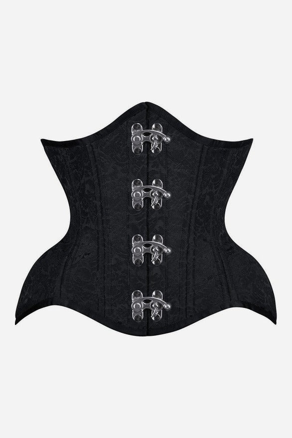 Front of the Hide and Seek curvy underbust corset in black brocade with a pointed top edge, scalloped hip line and four silver steampunk clasps