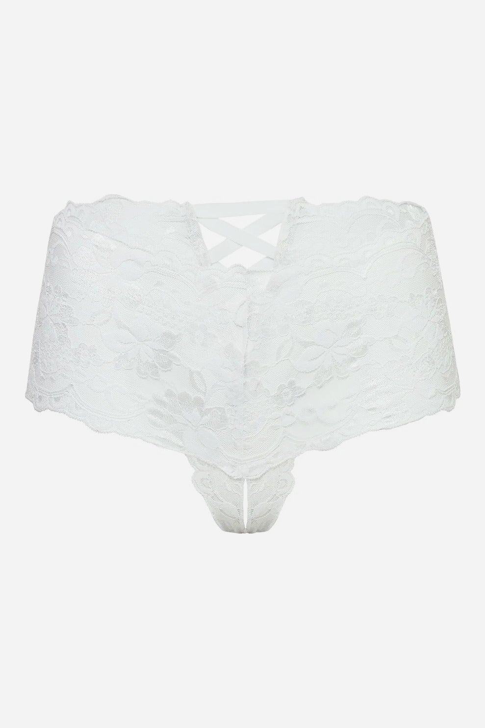 White floral lace High on Her Hips crotchless boyshorts shown on an invisible form, with wide hip panels and open gusset