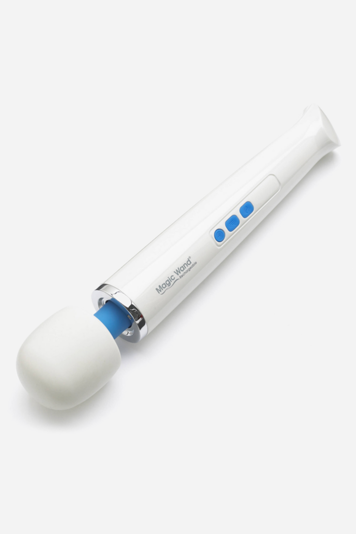 The white Hitachi Magic Wand Rechargeable standing at an angle on grey, its blue speed buttons set into the long ribbed handle.