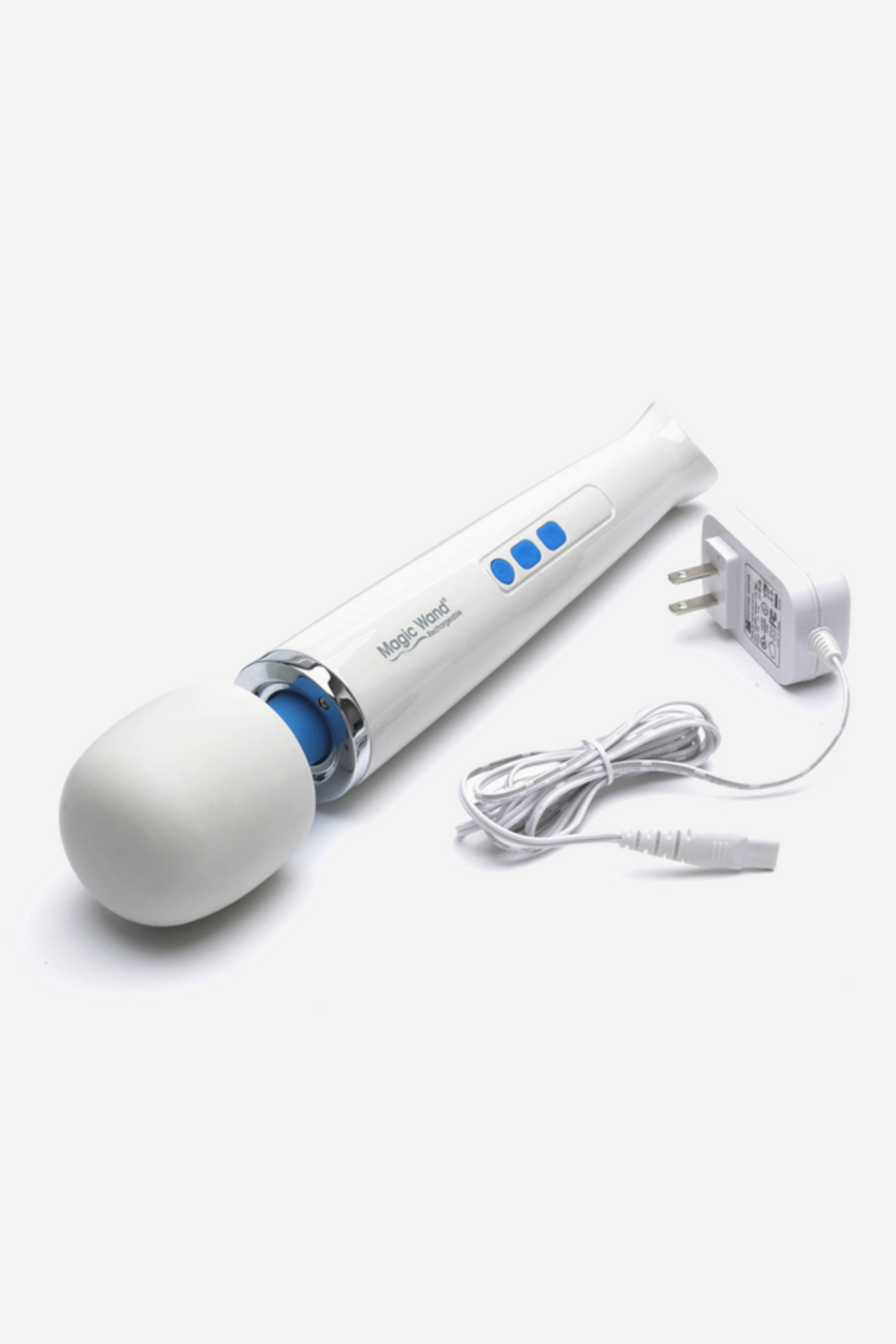 The white Hitachi Magic Wand Rechargeable on grey beside its coiled white charging cable, showing everything included in the box.
