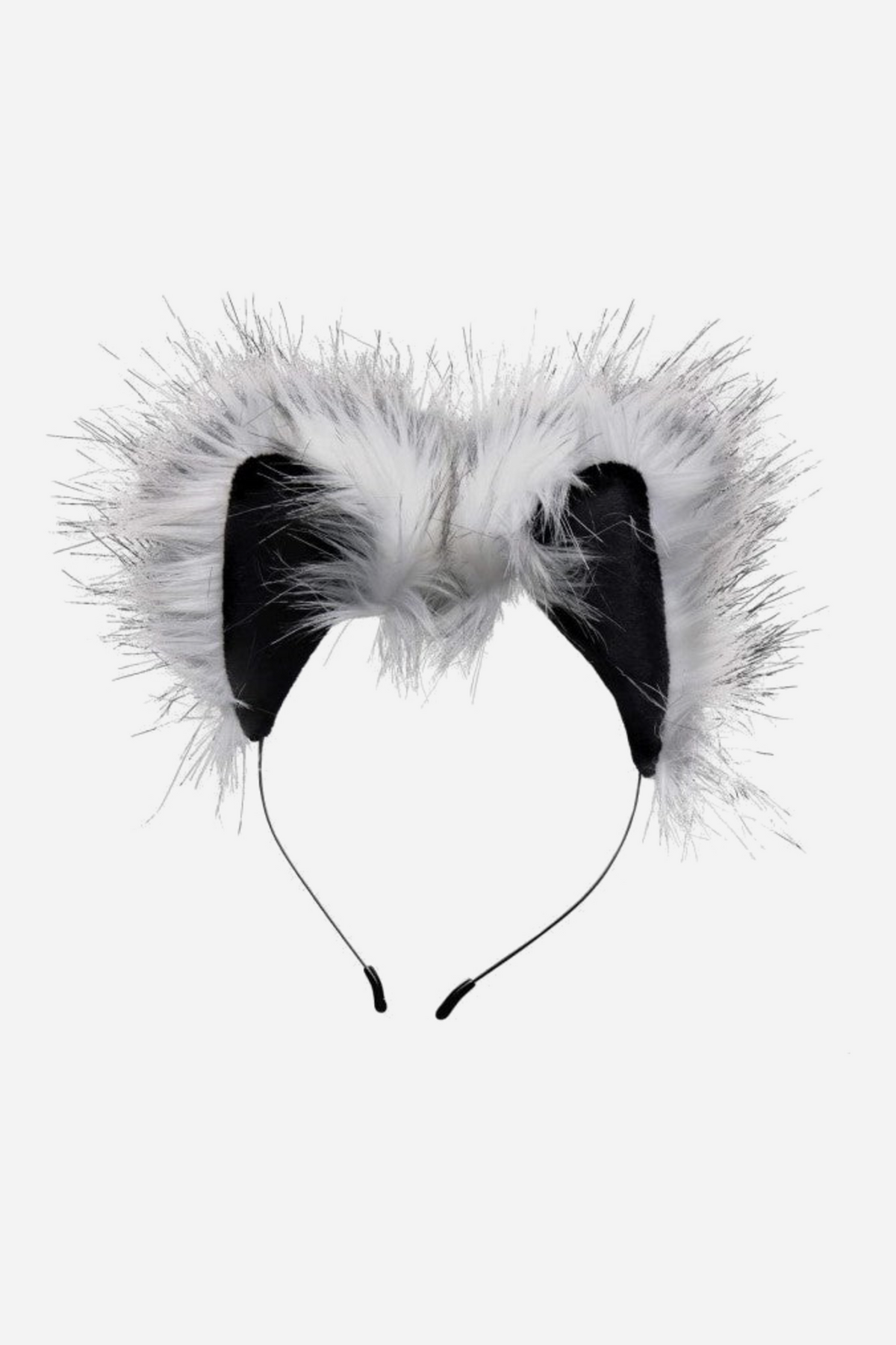 Shaggy gray and white faux fur wolf ears with black inner ears, set on a thin black wire headband and shown from the front on a light background