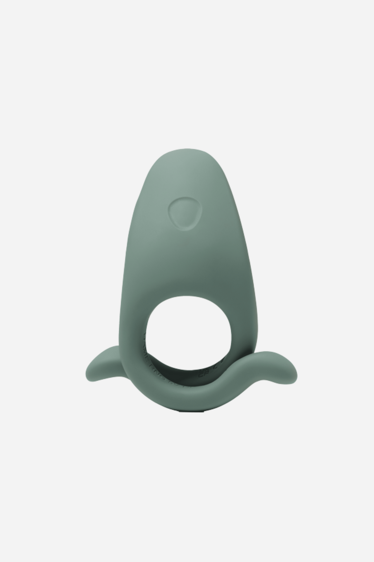 Steely green Dame Hug vibrating cock ring, a soft silicone ring with a rounded vibrating top and curved wings, shown front on, on grey