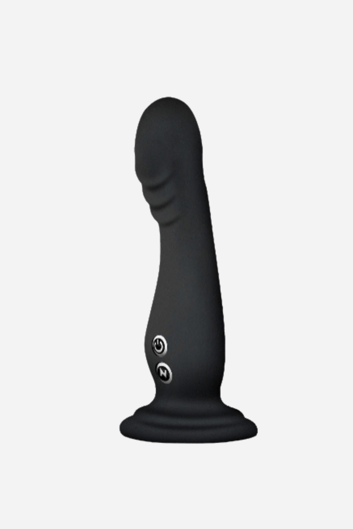 A black silicone vibrating dildo standing upright on its suction base, with a ridged shaft and two small control buttons, on a grey backdrop.