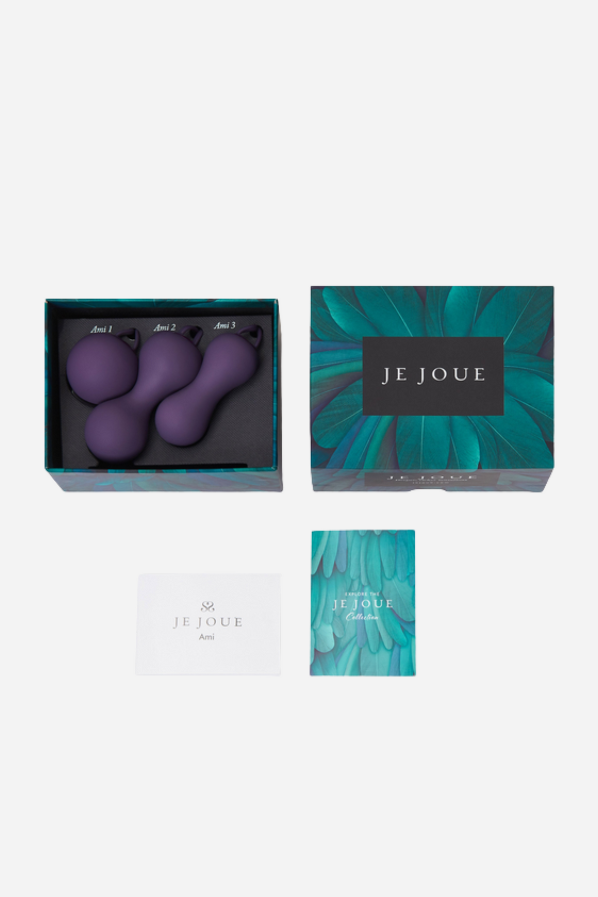 Je Joue Ami kegel balls in their open retail box with the outer sleeve, user guide and storage pouch laid out, on grey