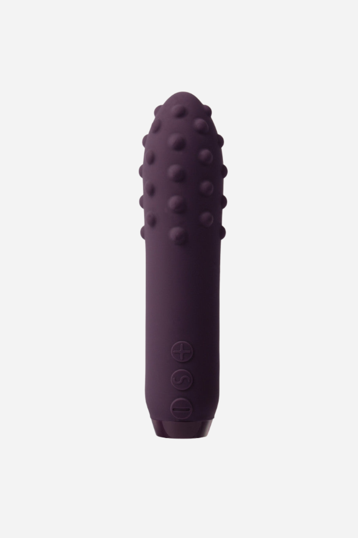 Je Joue Duet textured bullet vibrator in Purple, front view of the slim body with raised textured nubs and control buttons, on light grey