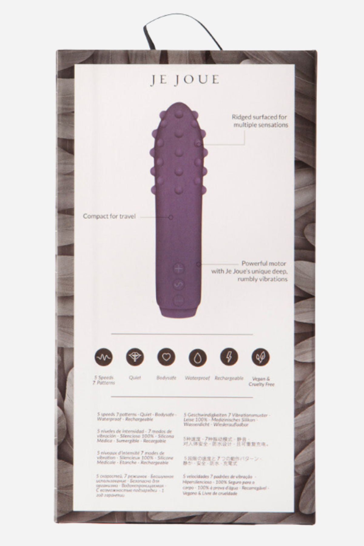 Je Joue Duet textured bullet vibrator retail box showing the Purple bullet on the front with feature icons and text, on light grey
