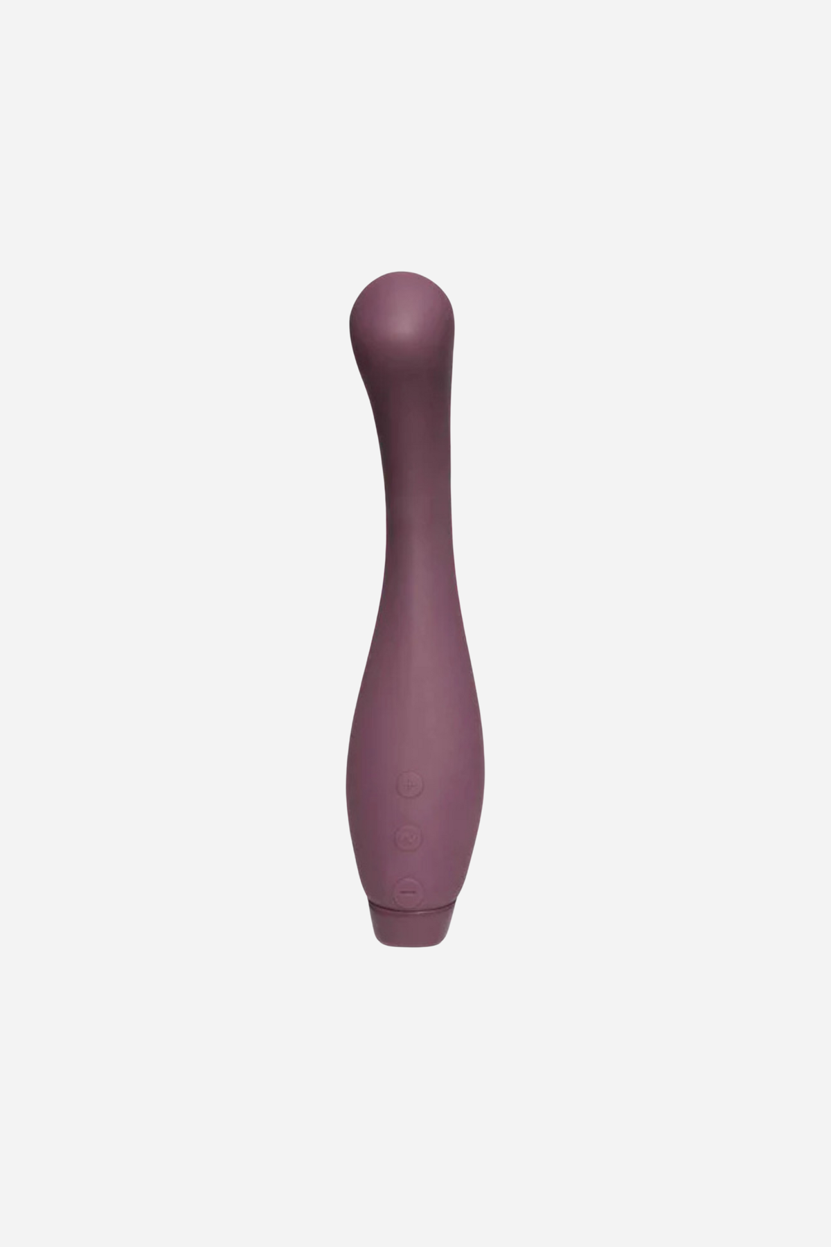 Je Joue Juno G-spot vibrator in Purple standing upright, showing the slim curved neck and rounded tip on a light grey background