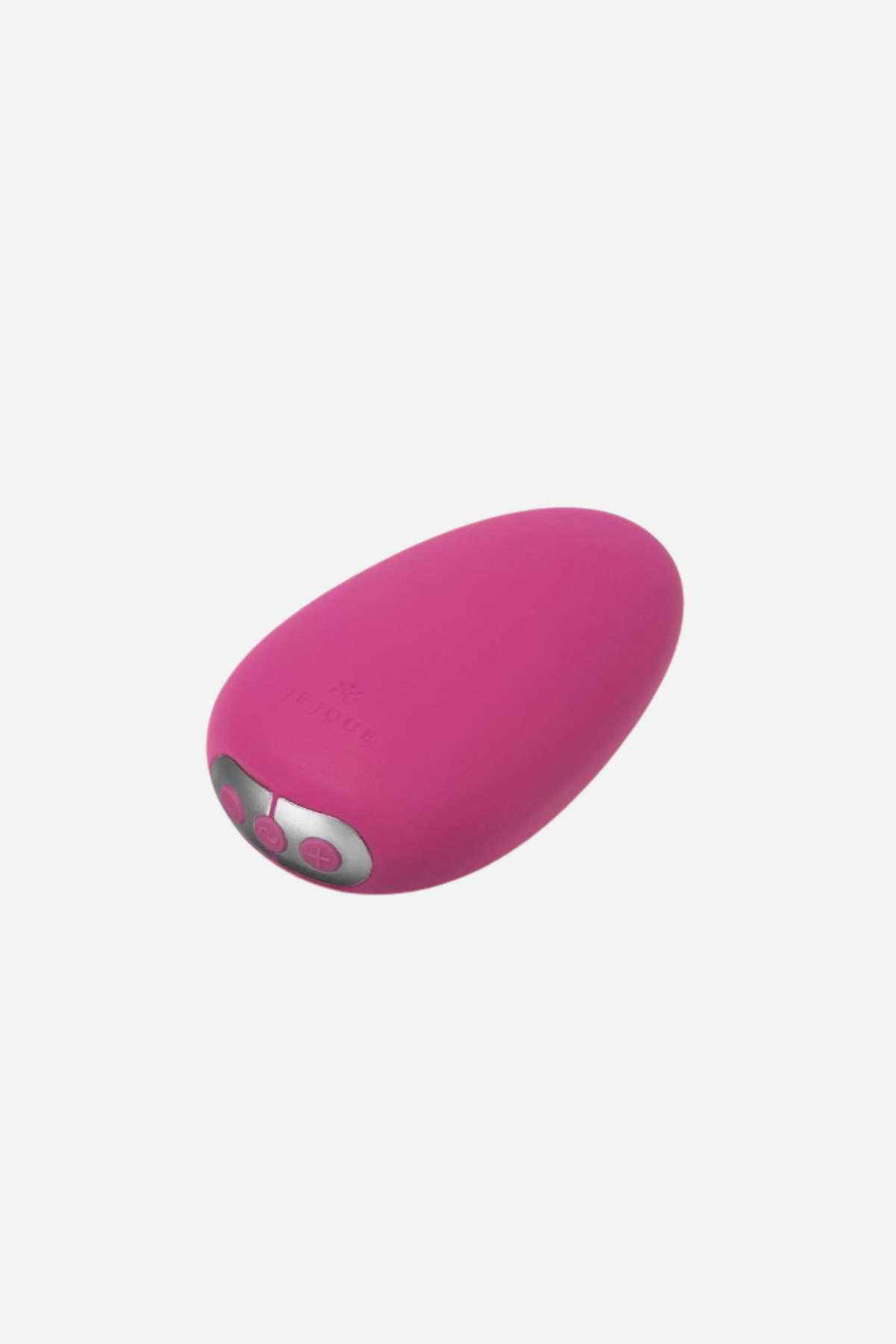 Fuchsia Je Joue Mimi Soft palm vibe on grey seen from a lower angle, its compact rounded silicone body tilted to show the silver control buttons.
