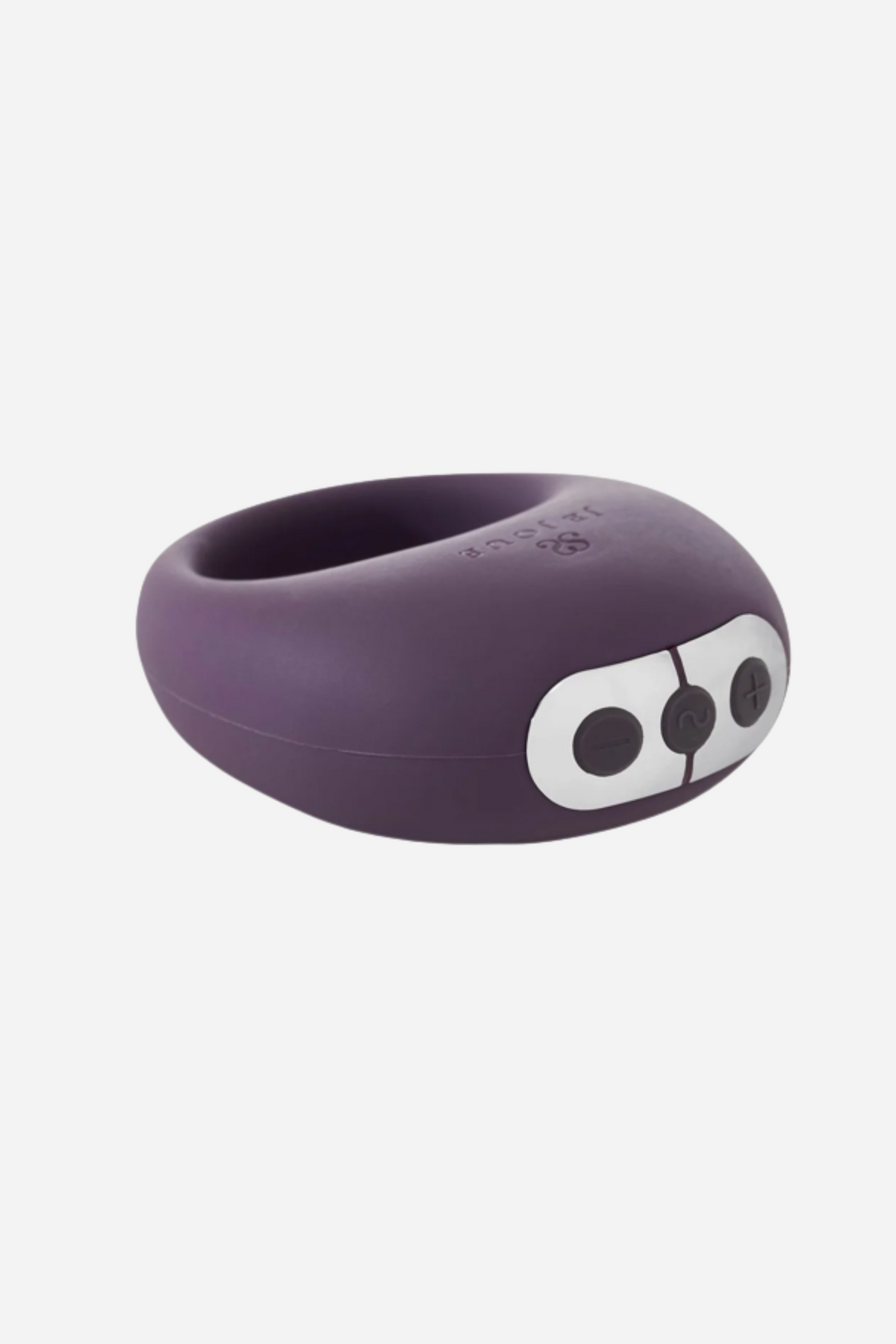 Plum purple Je Joue Mio vibrating cock ring on a grey backdrop, its two silver control buttons set into the thicker front section.