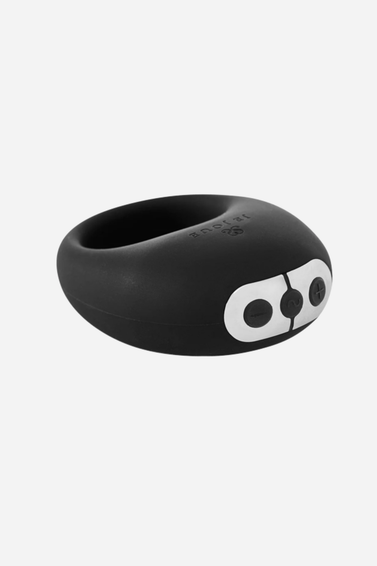 Black Je Joue Mio cock ring at an angle on grey, the two control buttons and the gentle taper of the silicone loop clearly visible.