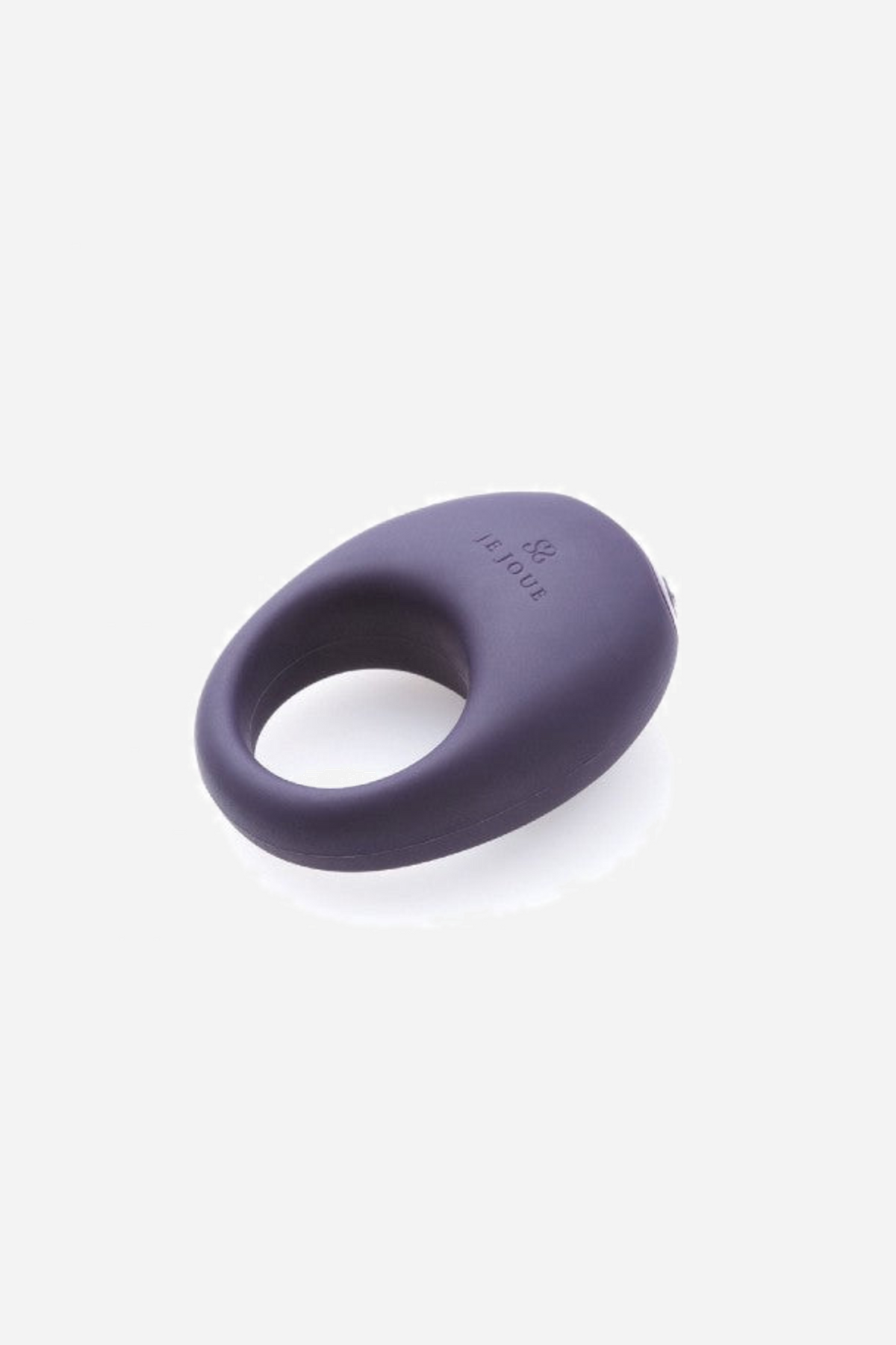 Plum purple Je Joue Mio vibrating cock ring on a plain grey backdrop, shown as a simple smooth loop with a thickened front section.