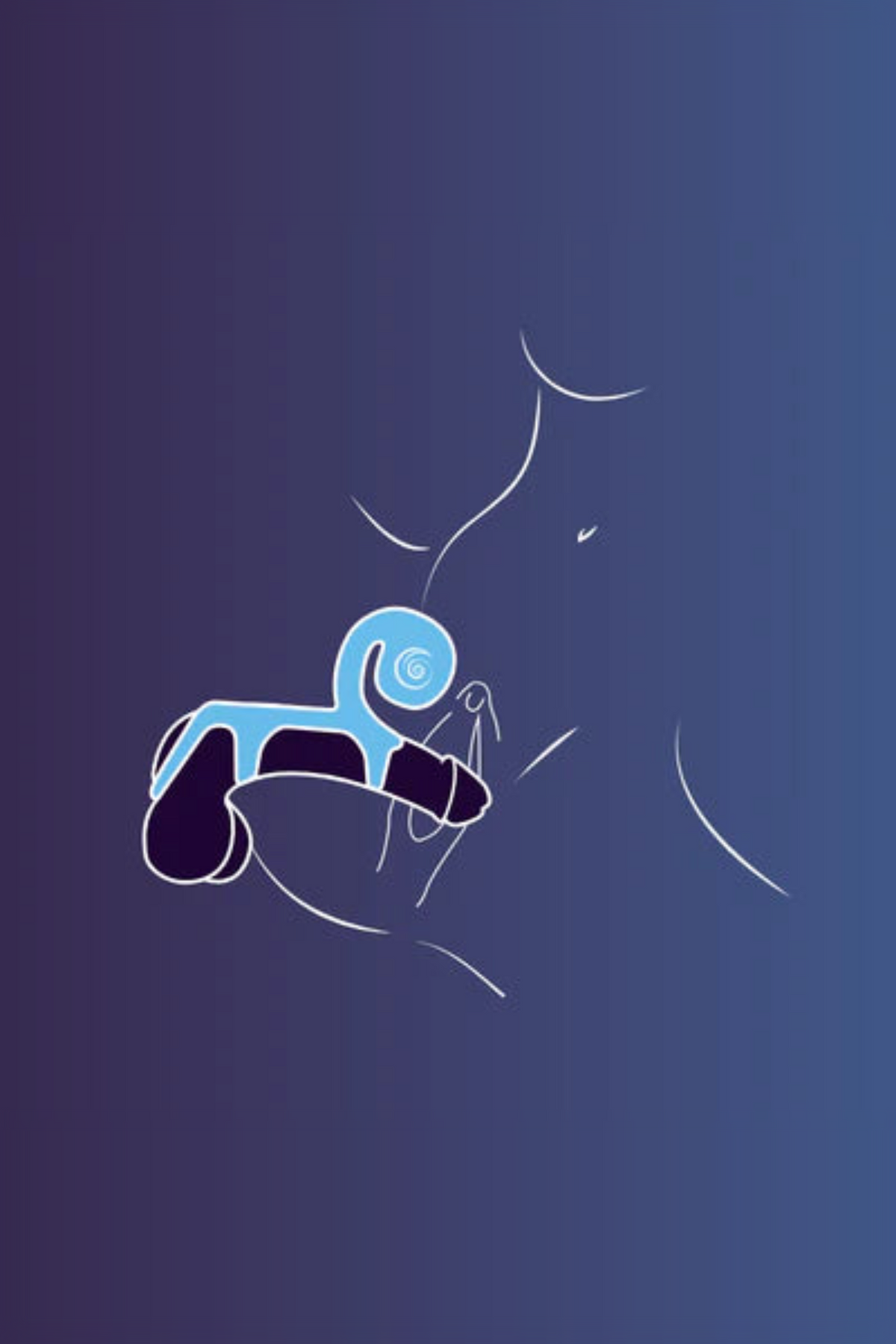 Line illustration on a deep blue background showing the Jovi Tri Arc worn on the shaft, its curved arc and motor resting against a partner