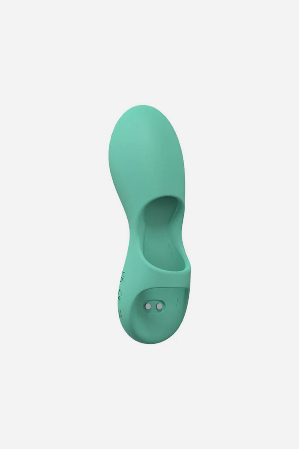 Mint green Joy wearable finger vibe, a soft silicone vibrator that slips over your fingertip with control buttons on the base, on grey