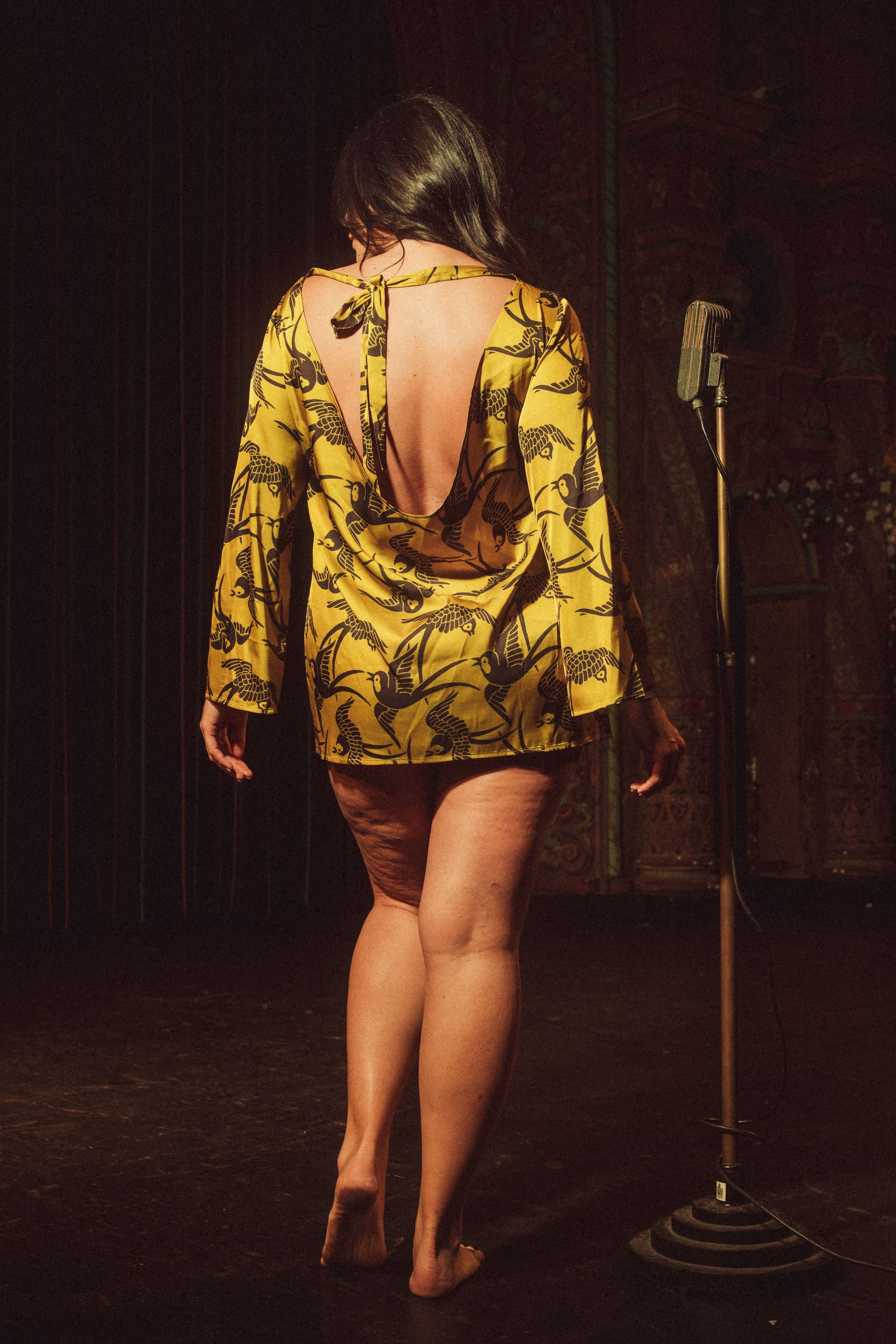 Kilo Brava Satin Cowl Back Mini Dress in Antique Swallows