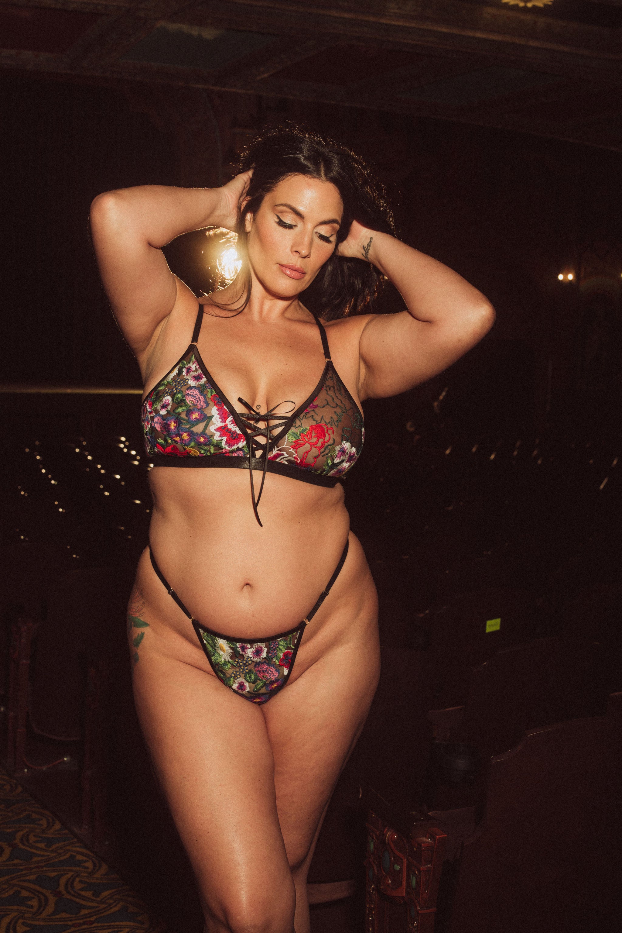 Kilo Brava Embroidery G-String in Black & Multi Floral