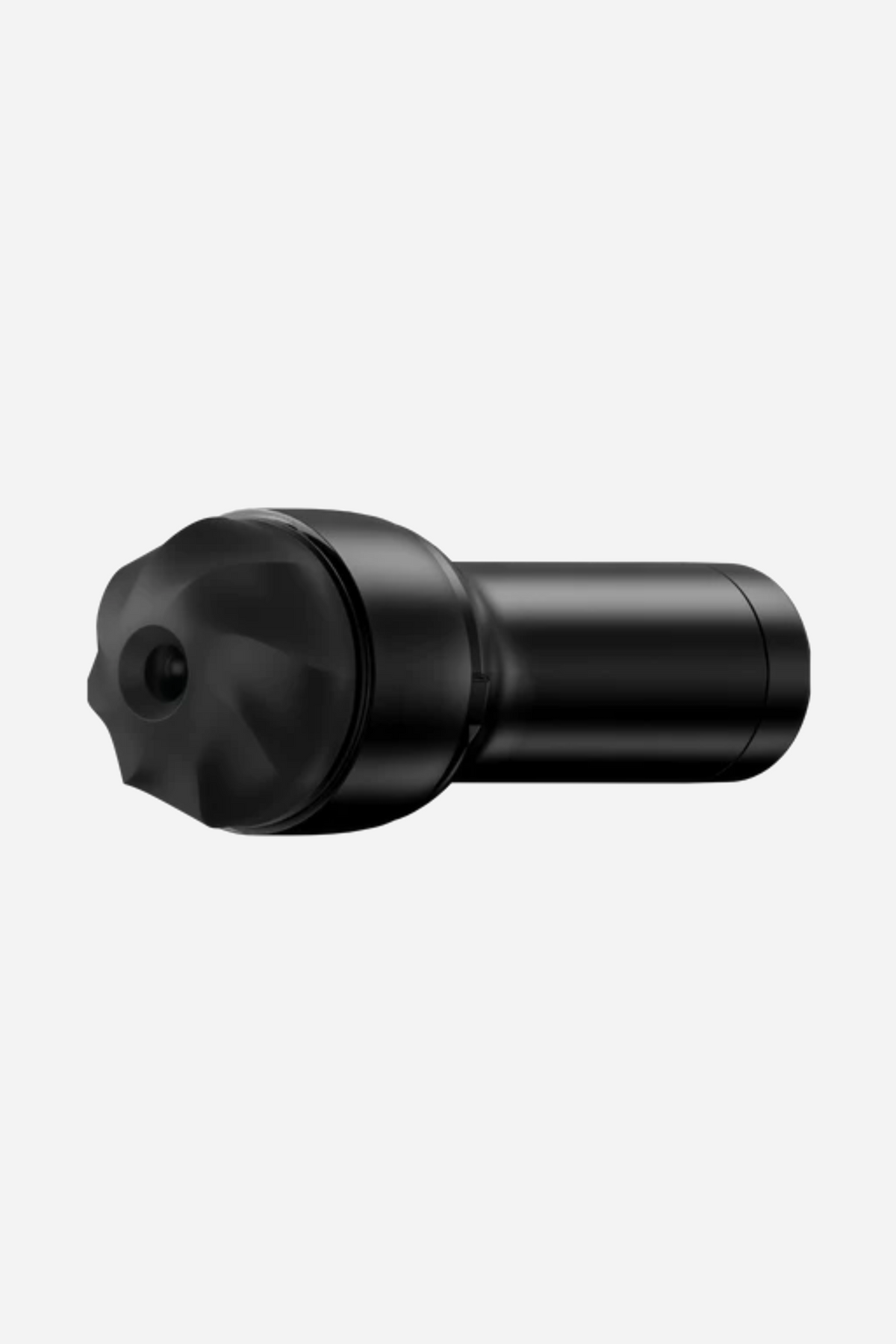 Kiiroo Feel Generic Stroker in black, angled to show its smooth cylindrical case and the narrow textured entry at the near end.