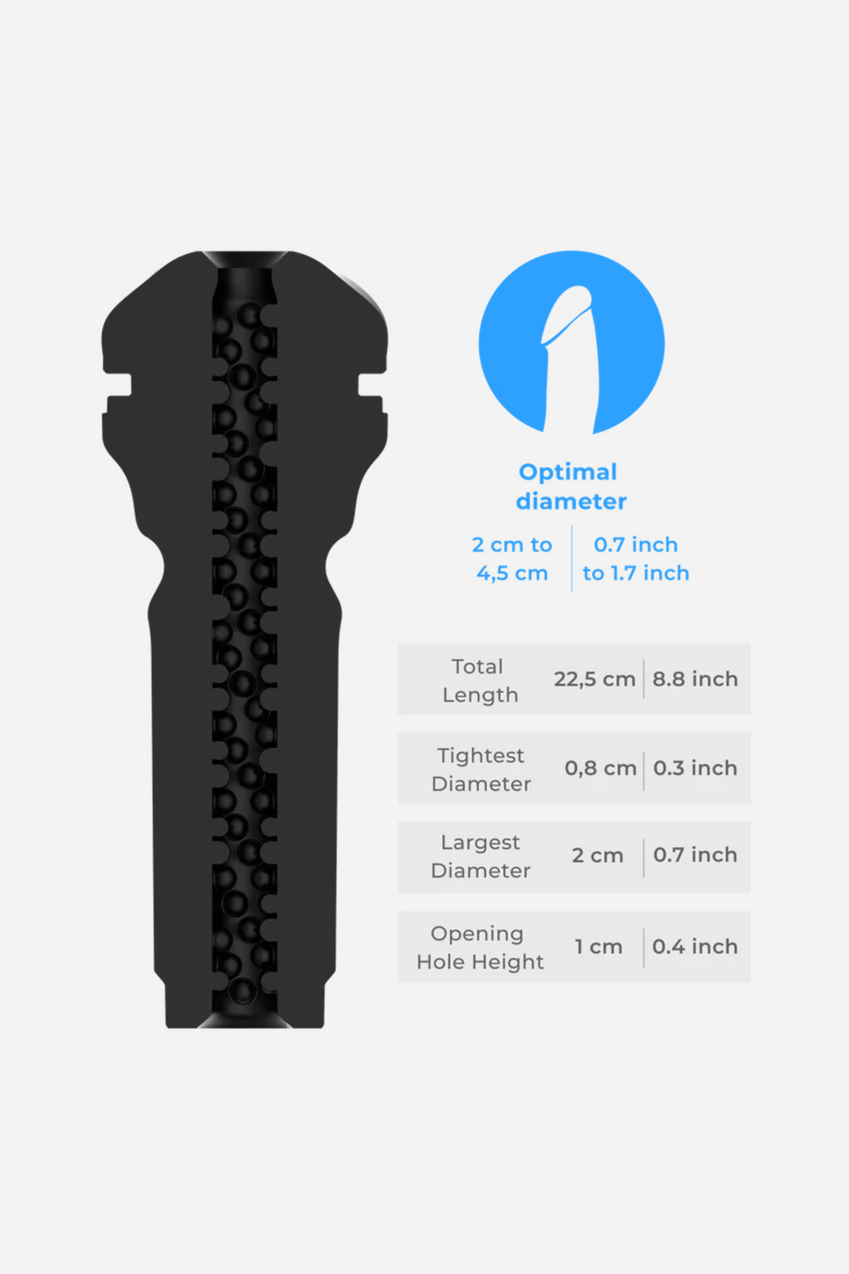 Size guide cutaway of the black Feel stroker: 22.5 cm long, 0.8 cm tightest and 2 cm largest diameter, 1 cm opening, beaded tunnel.