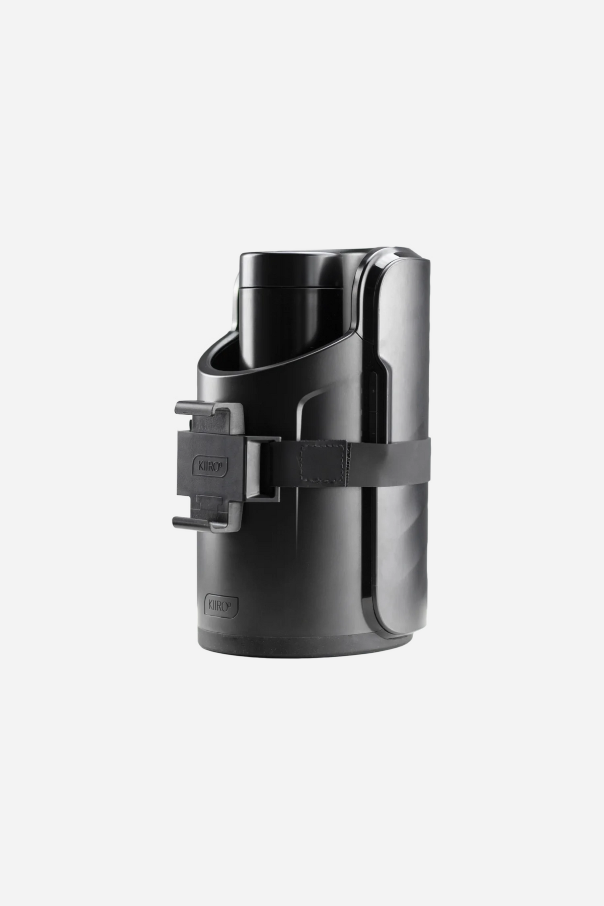 The black phone holder strapped onto the Keon stroker, seen from the front with the empty clamp bracket standing out from the body