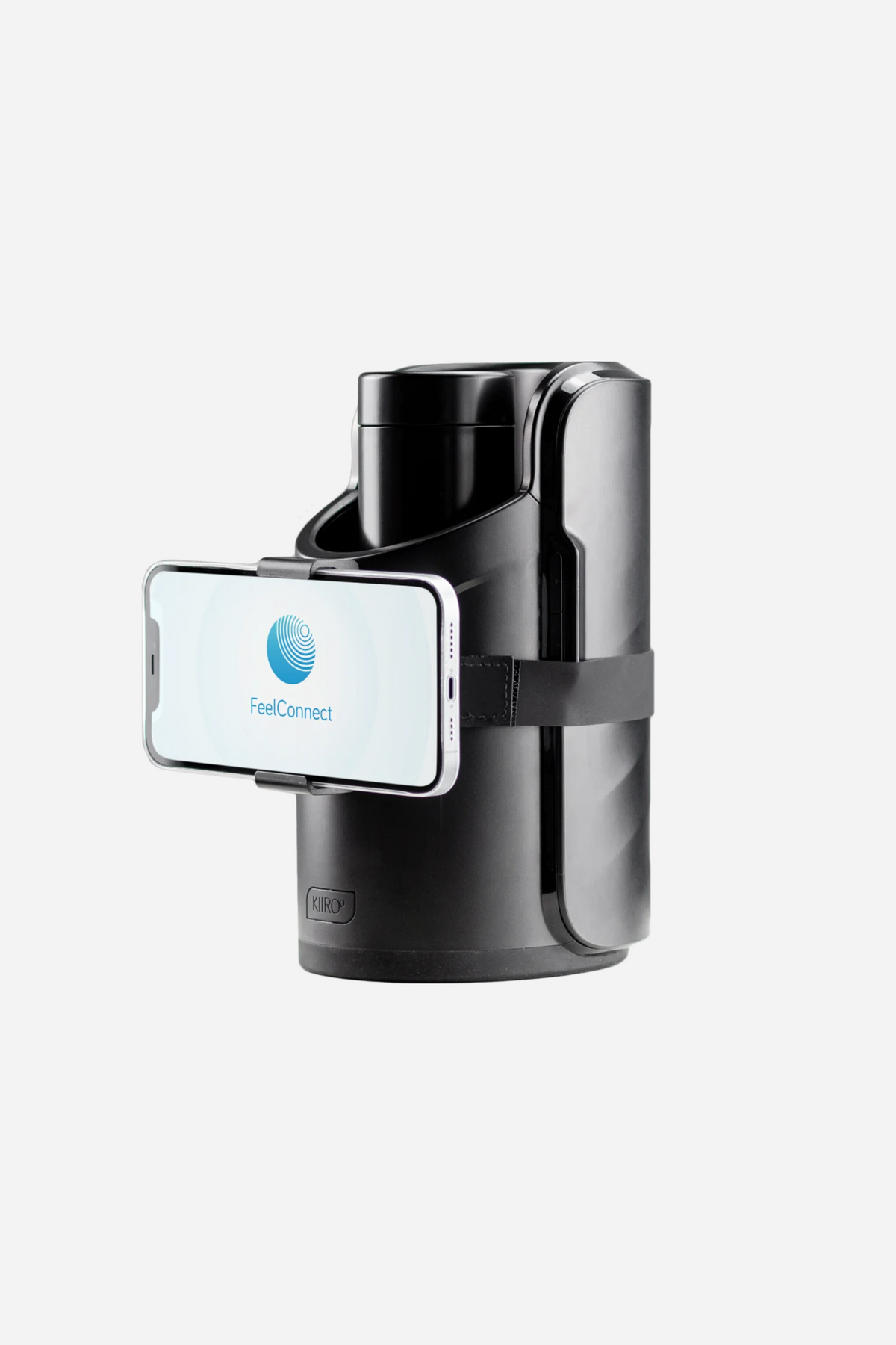 The Keon stroker with the phone holder fitted and a phone clipped into the bracket, angled out to the side for hands free viewing