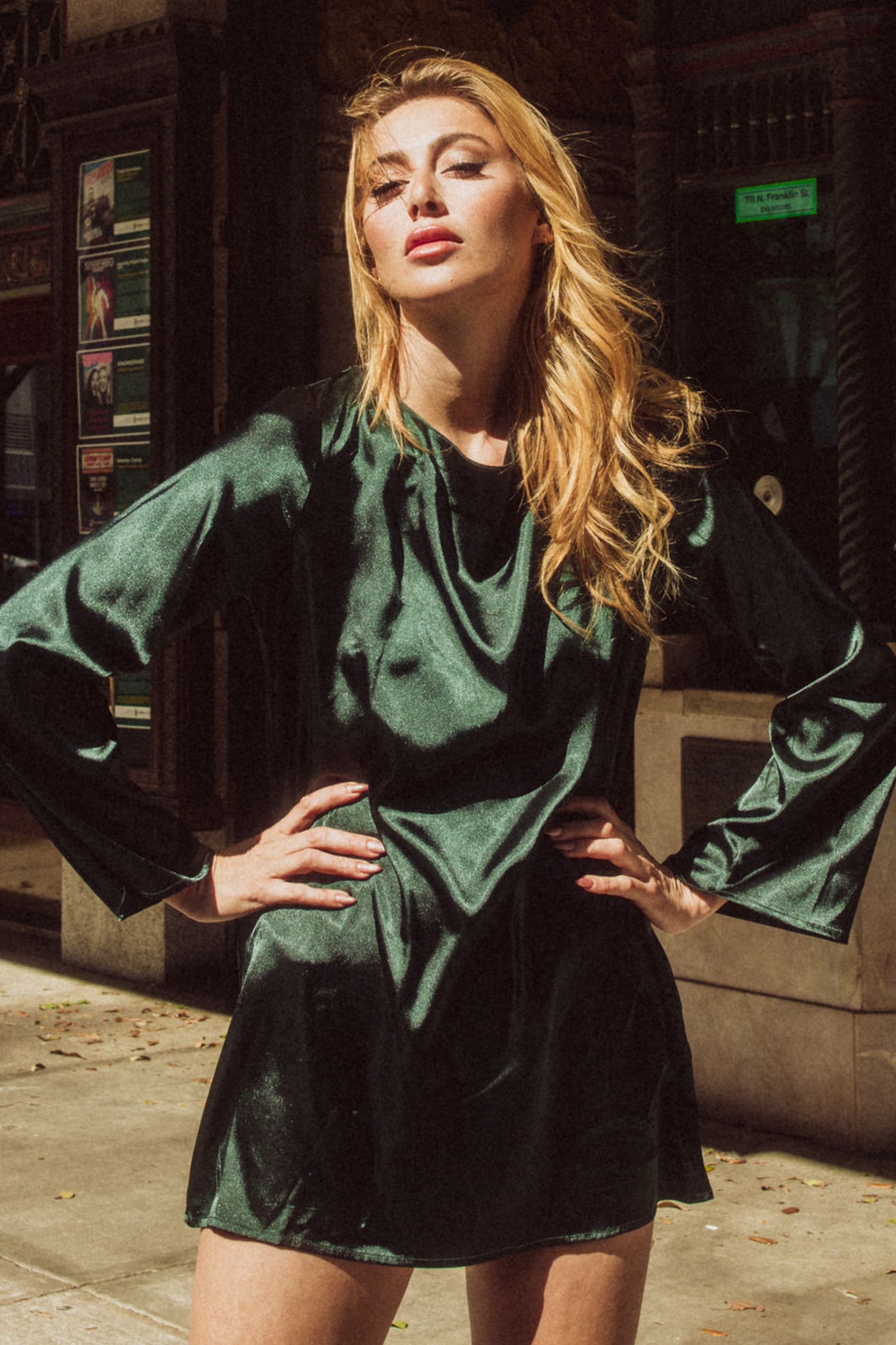 Kilo Brava Satin Cowl Back Mini Dress in Forest Green