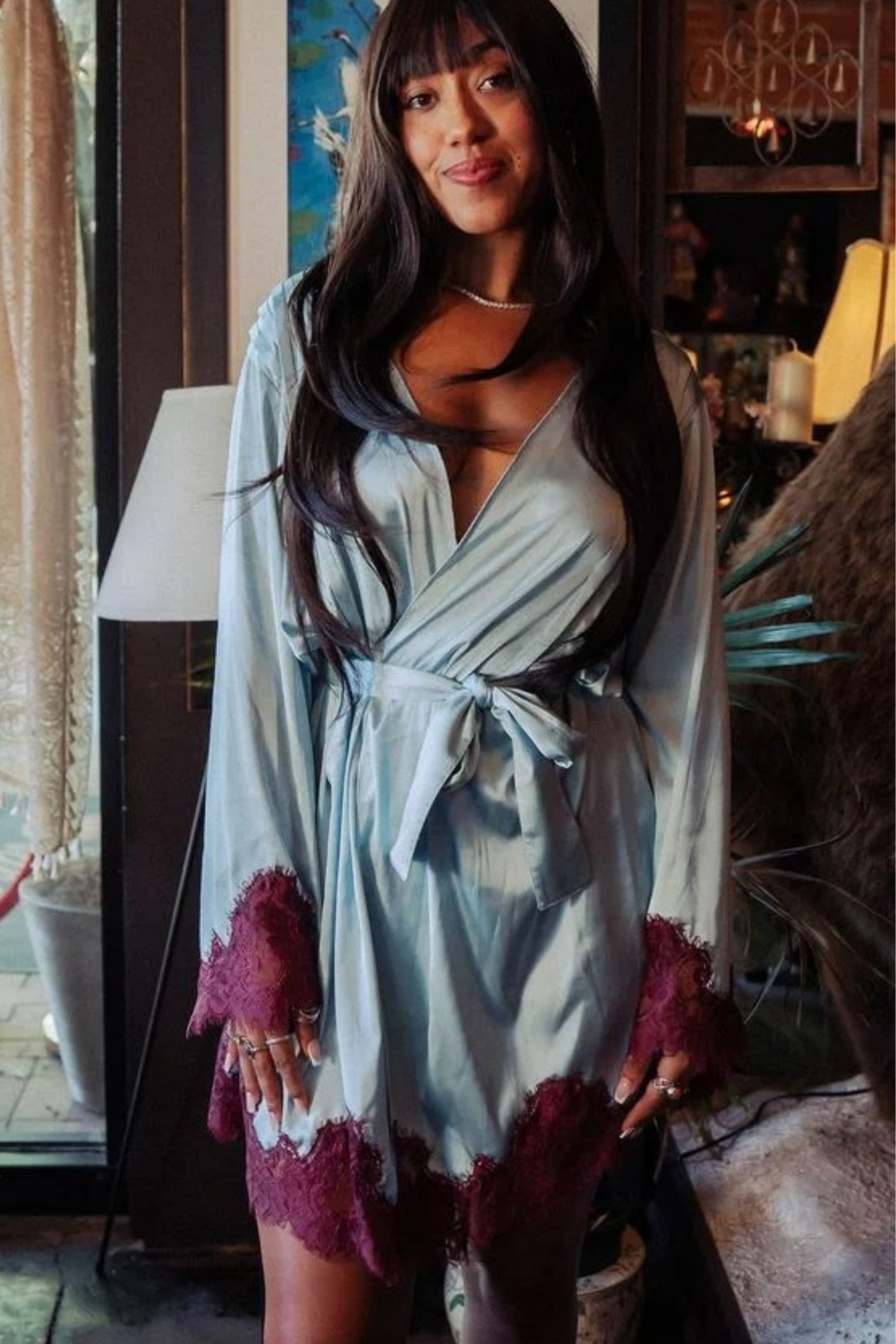 Kilo Brava Satin Short Robe in Icy Blue