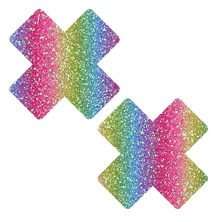 Laffie Taffie Blacklight X Nipple Pasties in Rainbow Glitter
