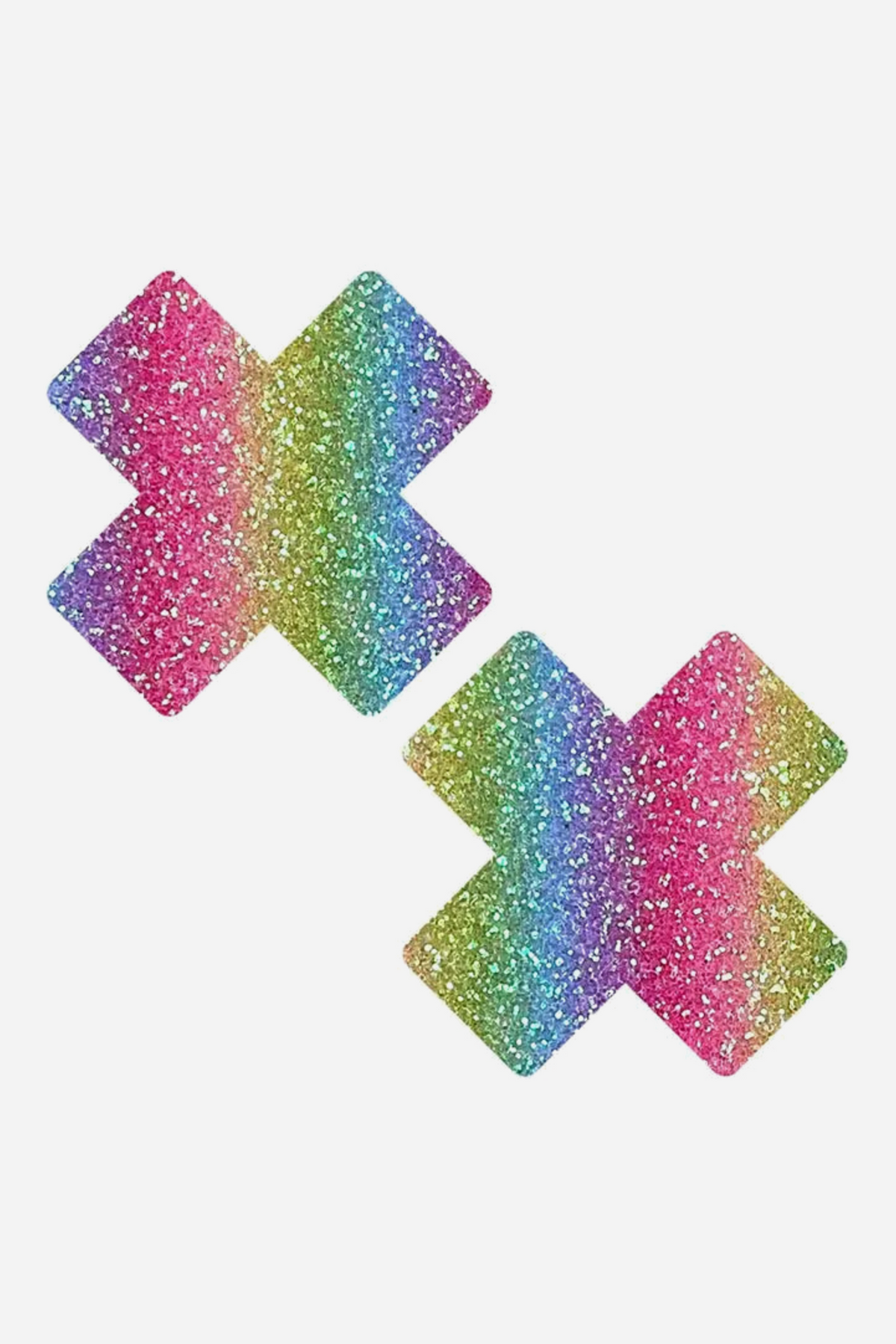 Pair of X-shaped nipple pasties covered in sparkly rainbow glitter, shifting from pink and purple to yellow, green and blue across each cross